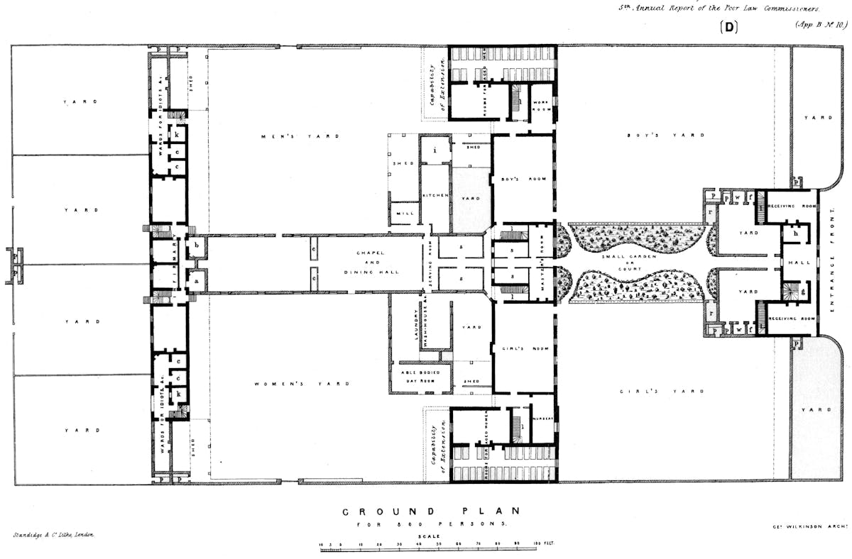 Floor plan of a model workhouse, housing 800 inmates.