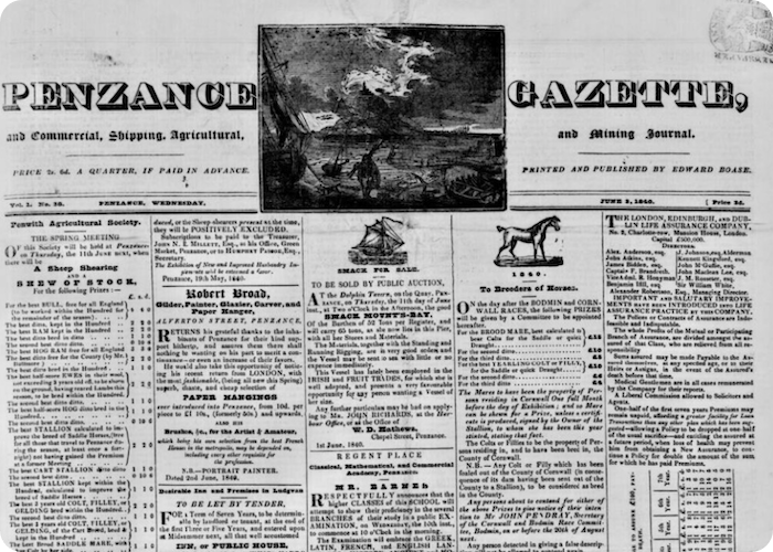 Penzance Gazette, 1 June 1840.