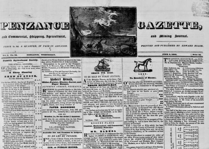 Penzance Gazette, 1 June 1840. 