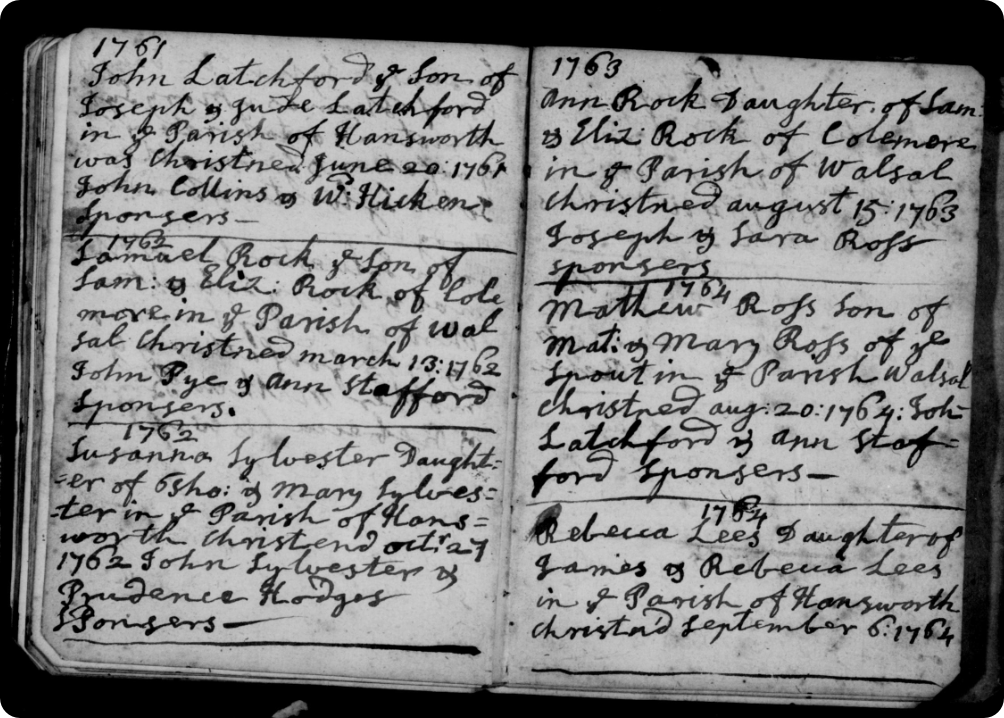 A 1761 Lincolnshire Roman Catholic baptism record. 
