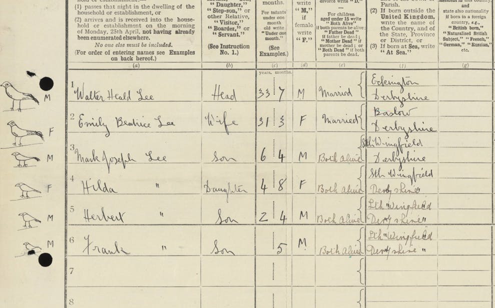 This family drew little birds to represent them on their 1921 Census return.