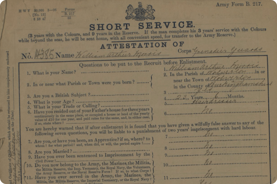 William’s attestation record from 1909.