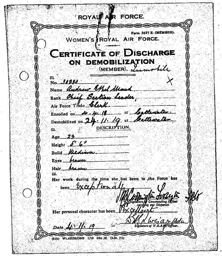 The record of Ethel Maud Andrew, an "Exceptional" member of the Force and of "Excellent" character