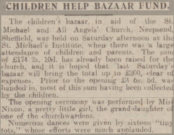 A snippet from the Sheffield Daily Telegraph detailing a fair that occurred at St Michael's & All Angels, 1922.
