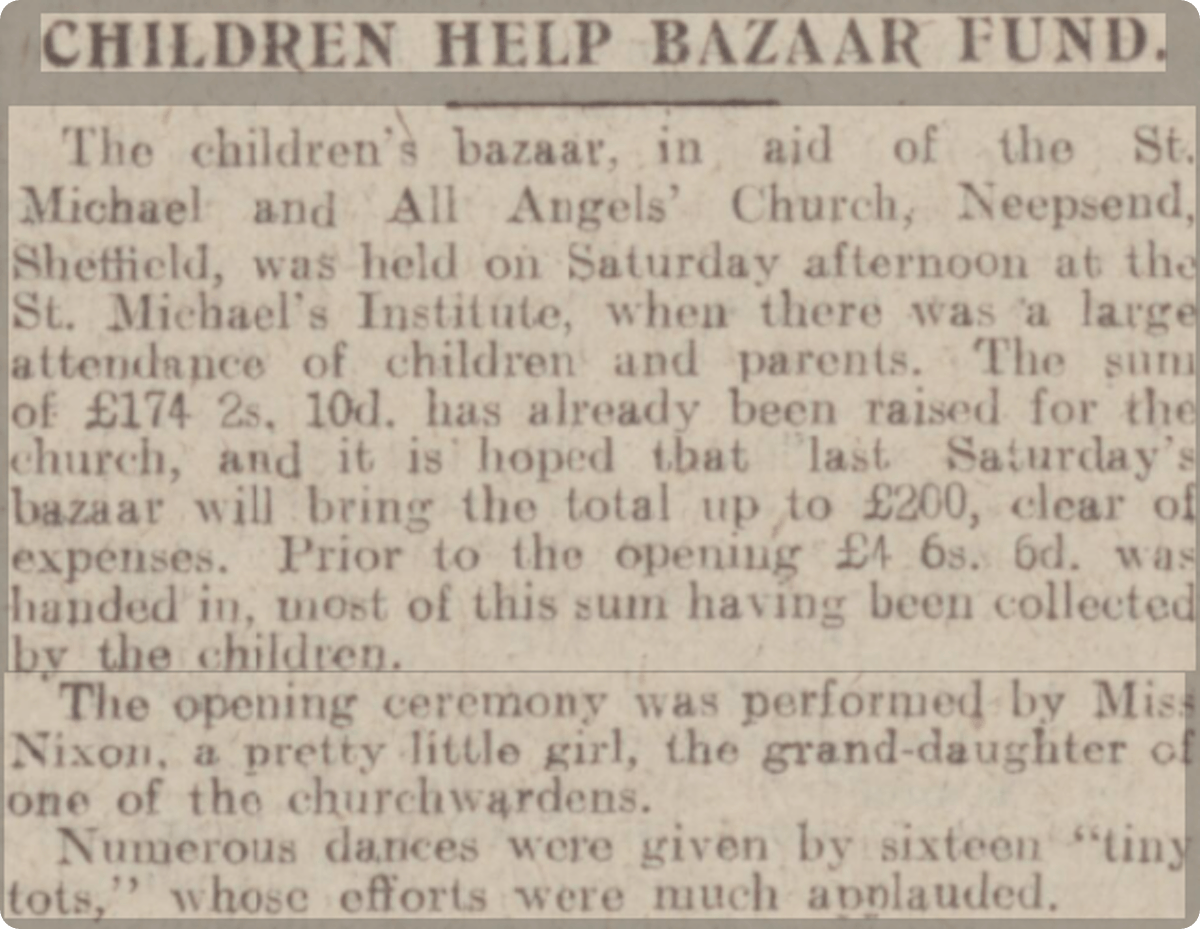 A snippet from the Sheffield Daily Telegraph detailing a fair that occurred at St Michael's & All Angels, 1922.