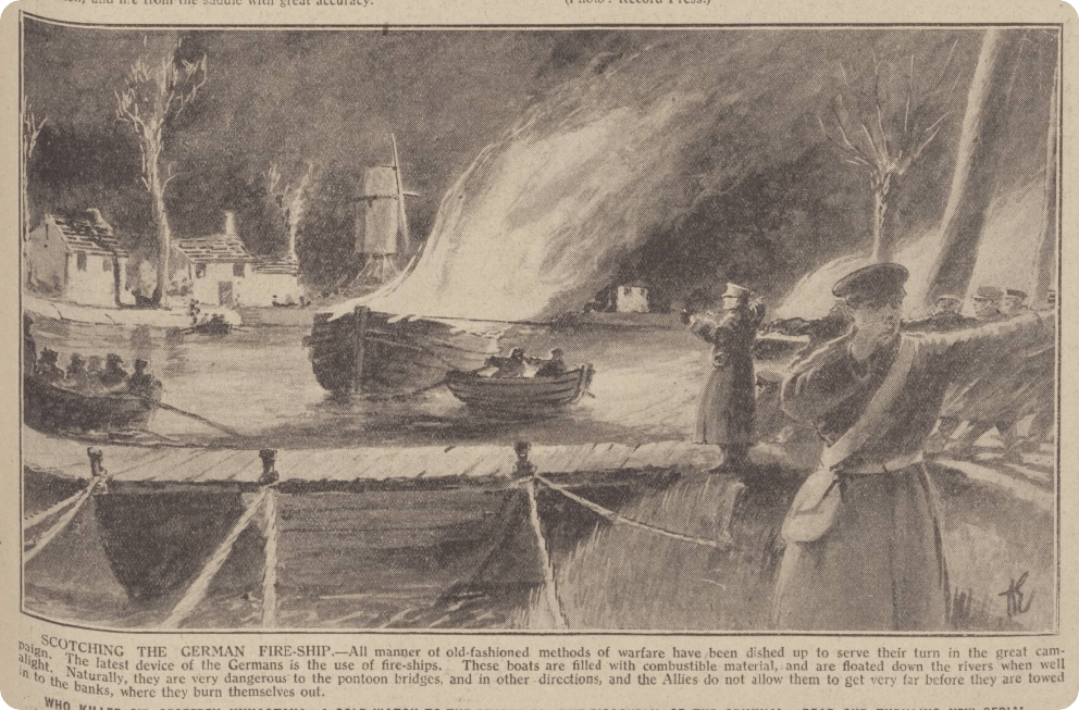 A depiction of a German fireship in World War 1, 1915.