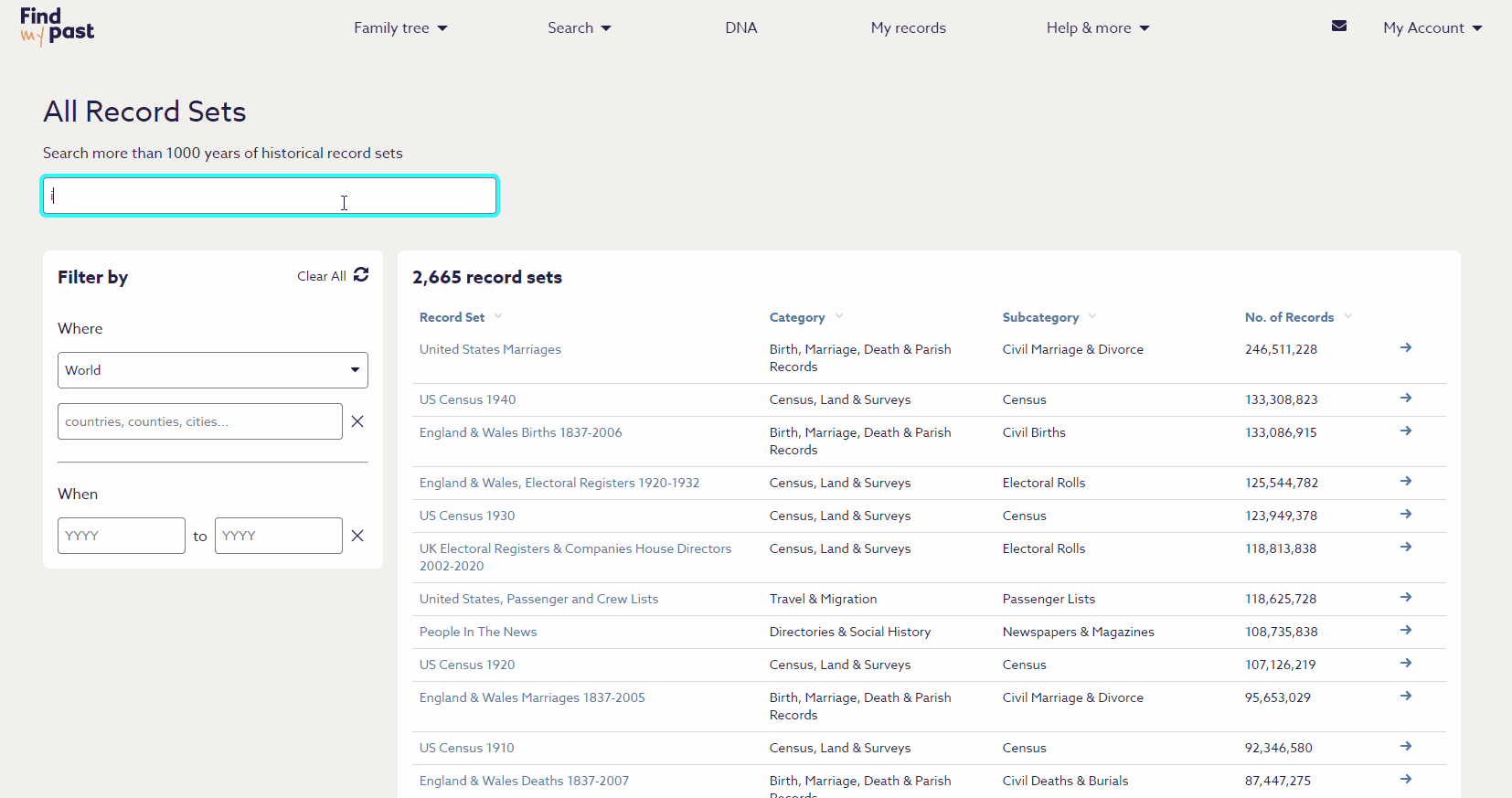 List of all the records on Findmypast.