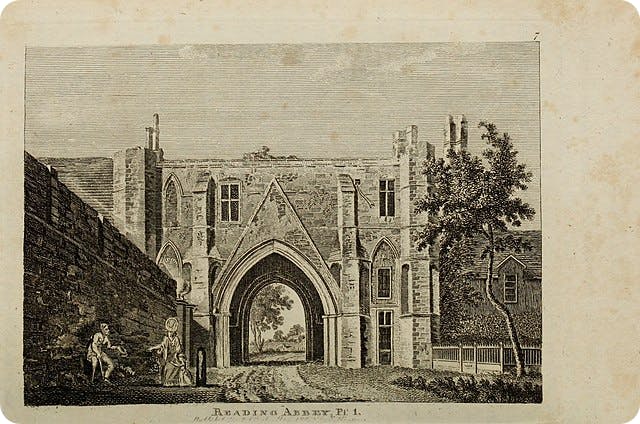 A depiction of Reading Abbey in The Antiquities of England and Wales, pub. 1785, authored by Francis Grose.