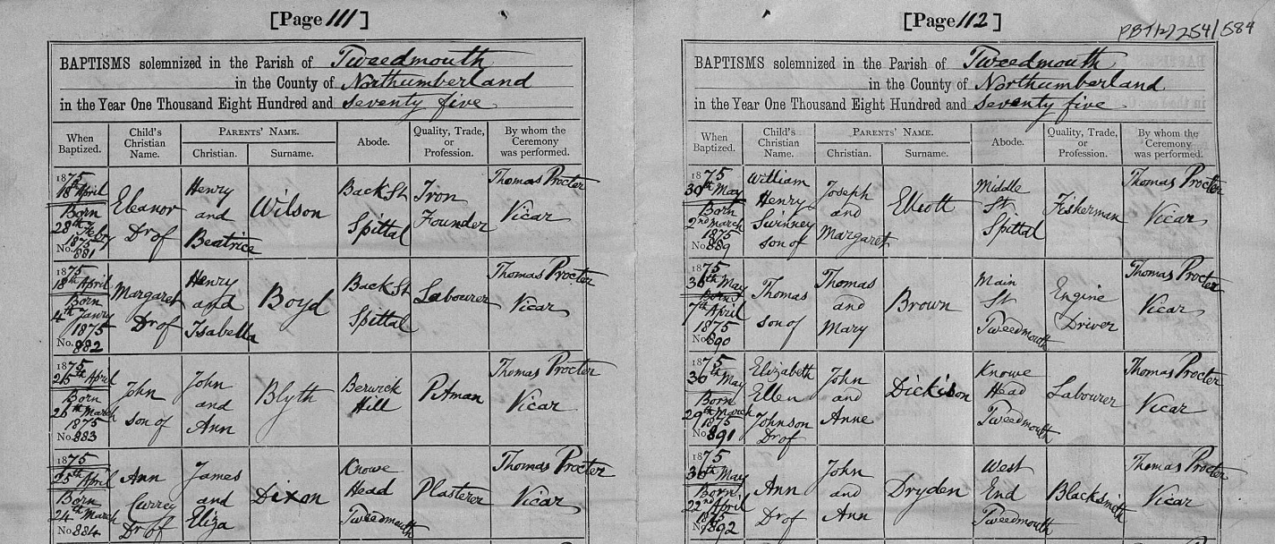 A snippet from the Northumberland Baptisms. 