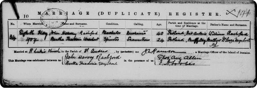 The marriage certificate of Marcus Rashford’s 2x great-grandparents in 1904.