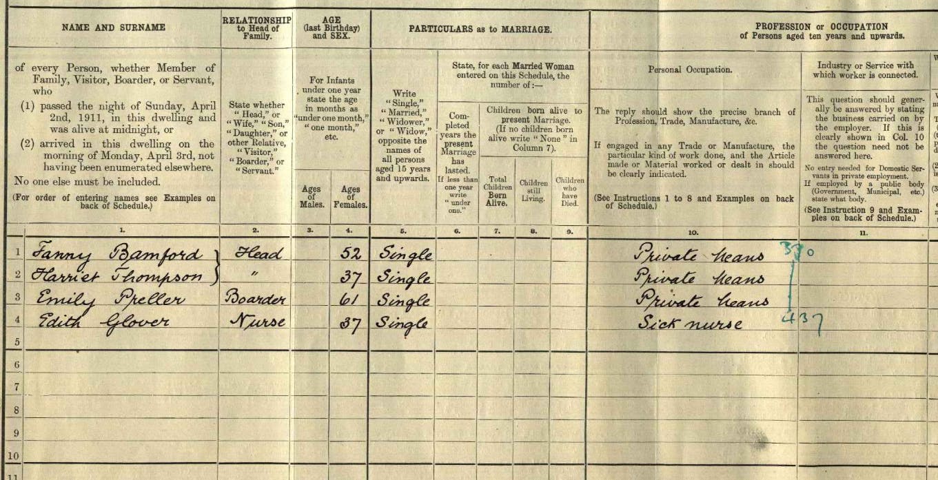 Fanny and Harriet's 1911 Census return.