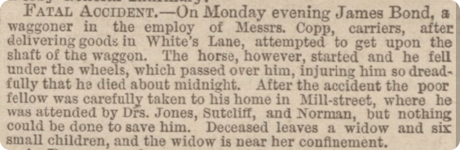 The sad report of James Bond’s death, in the Western Times, 19 August 1880. 