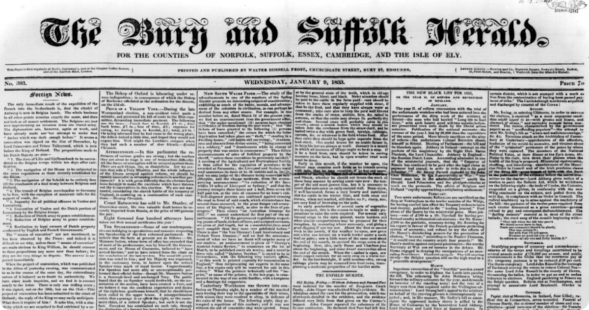 The Bury and Suffolk Herald front page, 1833. 