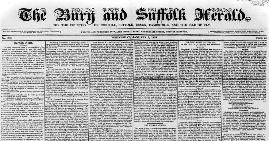 The Bury and Suffolk Herald front page, 1833. 