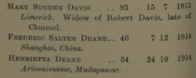 Three Quaker death records, from Limerick, Shanghai, and Arivonimamo, respectively. 