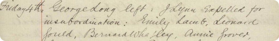 A log book entry for Merrow Church of England School in Surrey shows that J Lynn was expelled for insubordination on Friday 4 March, 1892