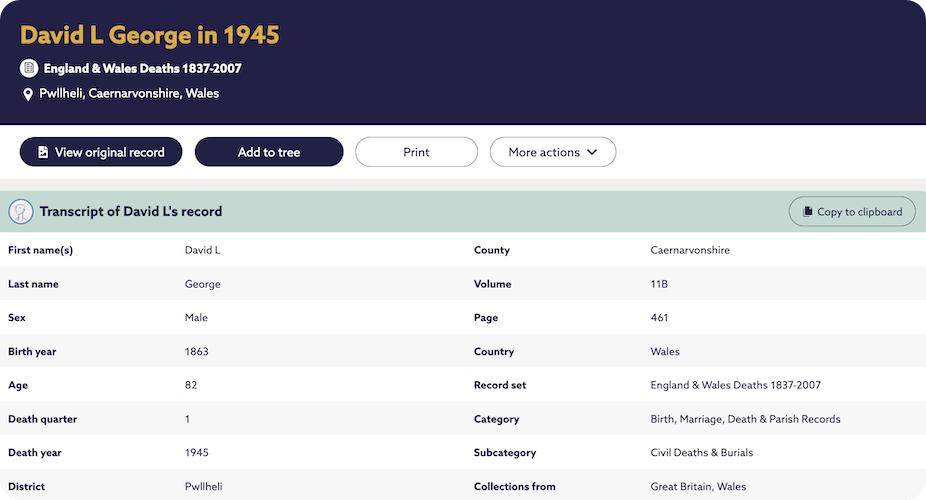 David Lloyd George's death record