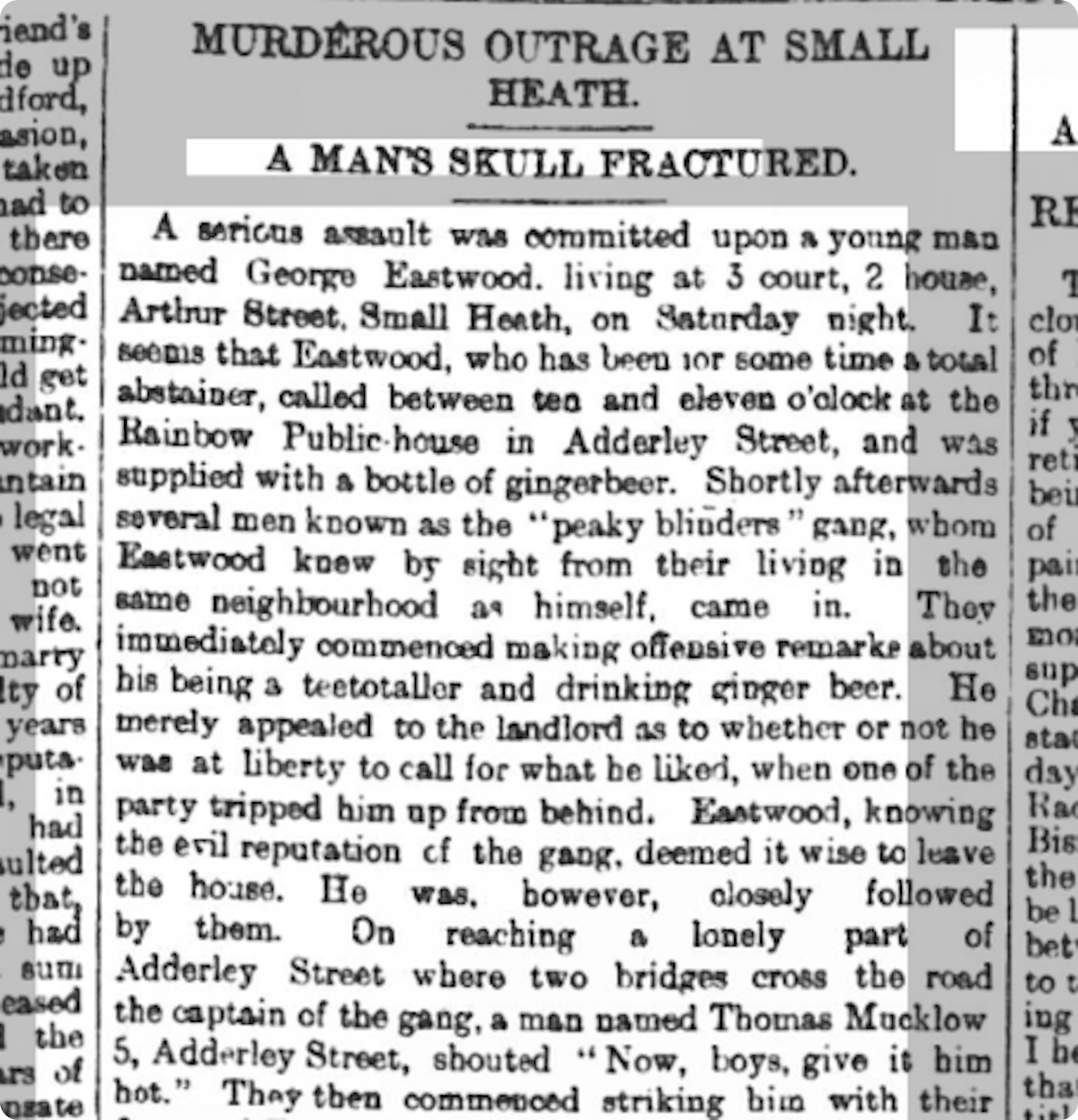 An early mention of the Peaky Blinders and Thomas Mucklow in the Birmingham Mail, 24 March 1890.