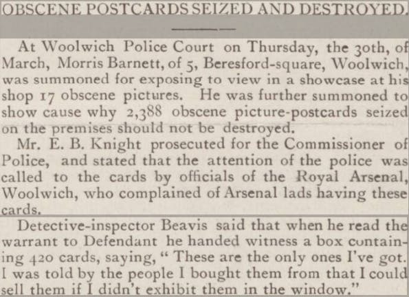 'Obscene Postcards Siezed and Destroyed', 1916