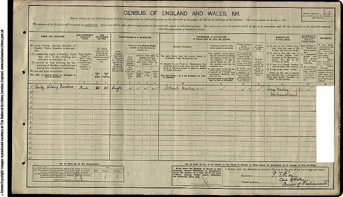 Emily Davison parliament 1911 census