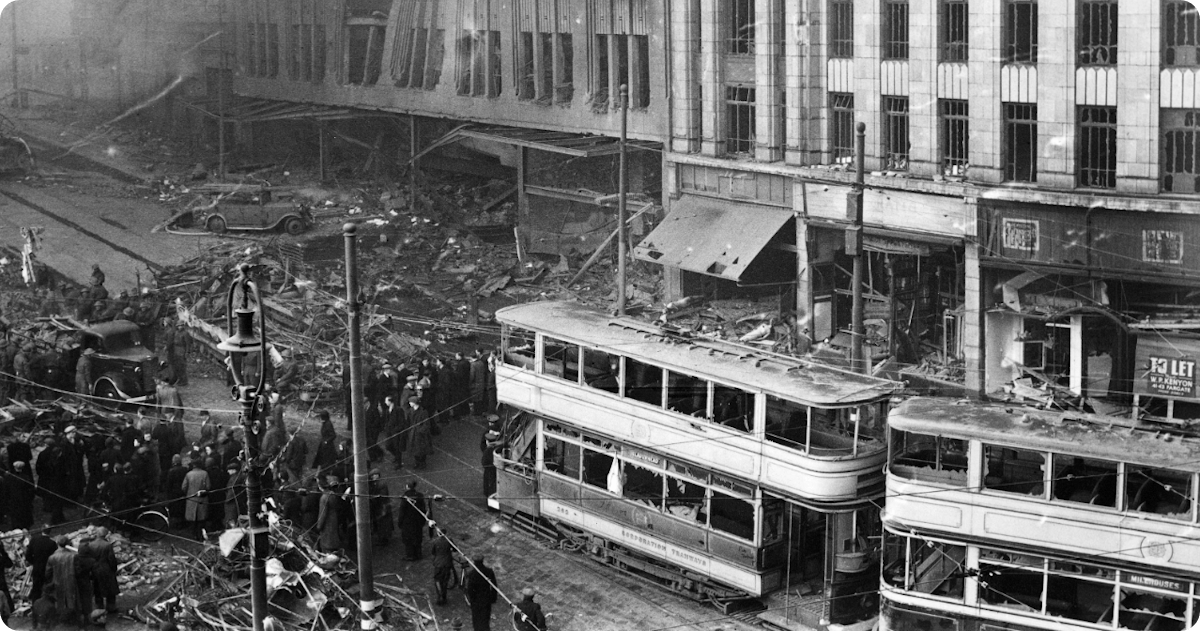 Air raids in Sheffield cause massive building damage. 