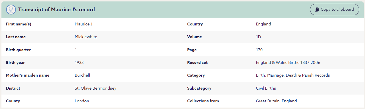 Michael Caine's birth record.