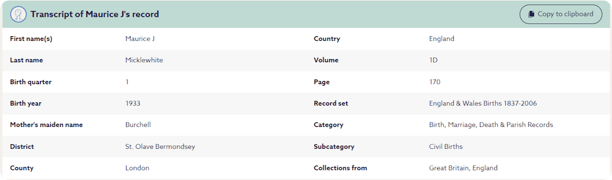 Michael Caine's birth record.
