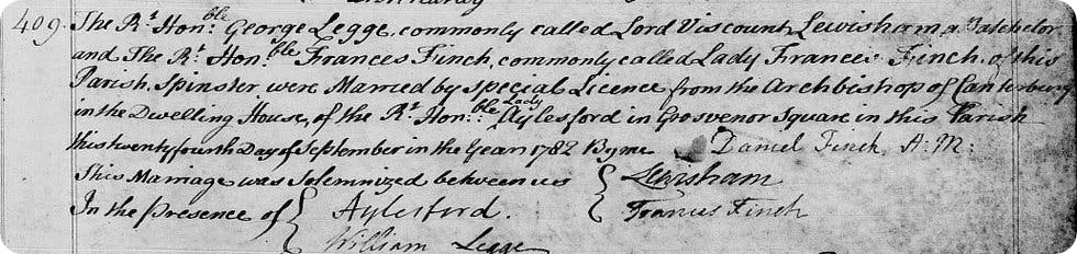 George Legge's marriage to Frances Finch in 1782 is recorded in our exclusive Westminster Parish Registers