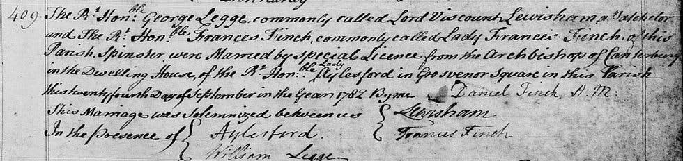 George Legge's marriage to Frances Finch in 1782 is recorded in our exclusive Westminster Parish Registers