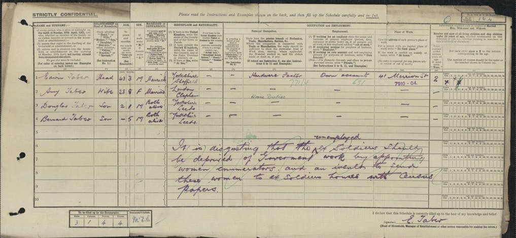 A 1921 Census record showing one ex-soldier's disgust with women in the workplace.