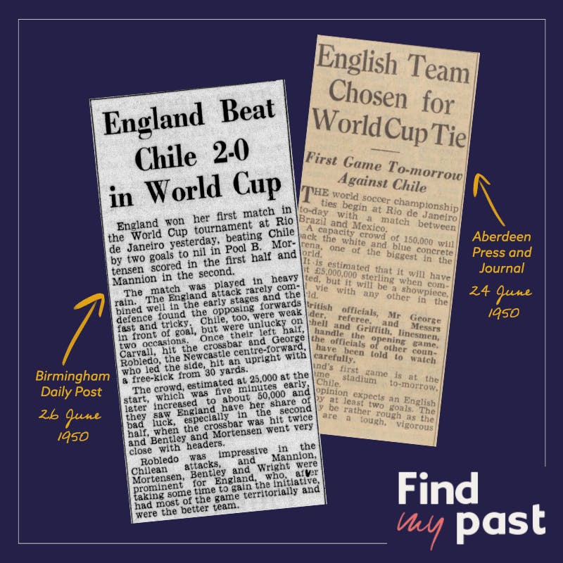 Reports on the first England match of the 1950 World Cup in the Aberdeen Press and Journal and the Birmingham Daily Post.