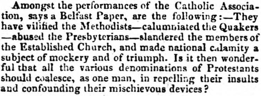 A report on the abuse faced by Quakers, allegedly from the Catholic Associations, Leeds Intelligencer, 1826.