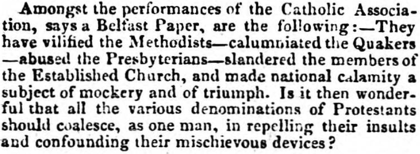 A report on the abuse faced by Quakers, allegedly from the Catholic Associations, Leeds Intelligencer, 1826.