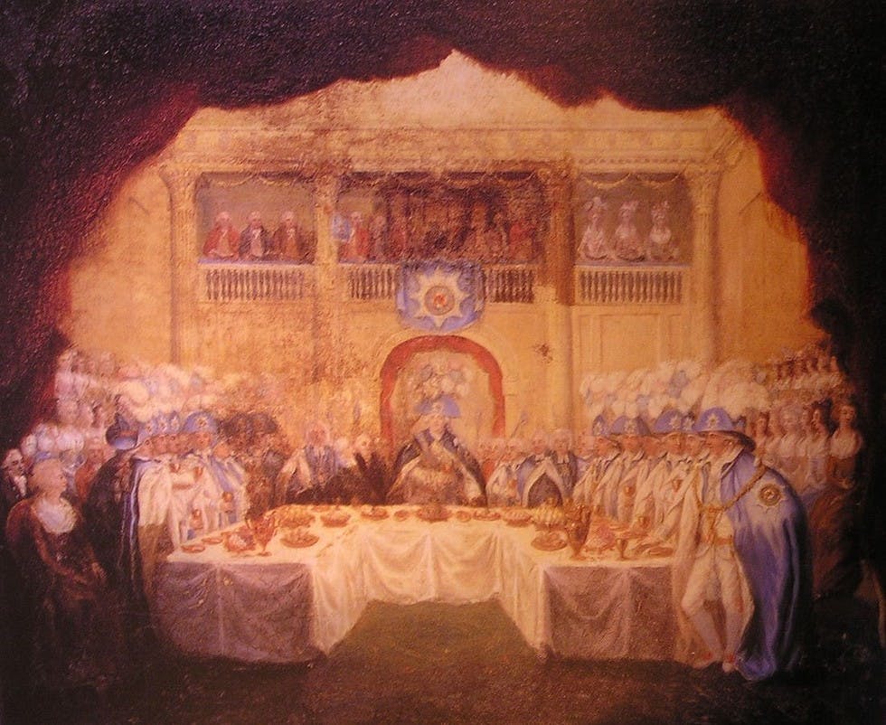 The installation dinner for the founding of the Order of St Patrick that took place on 17 March 1783 in the Great Hall of Dublin Castle.