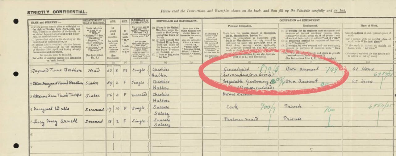 Raymond's 1921 census return