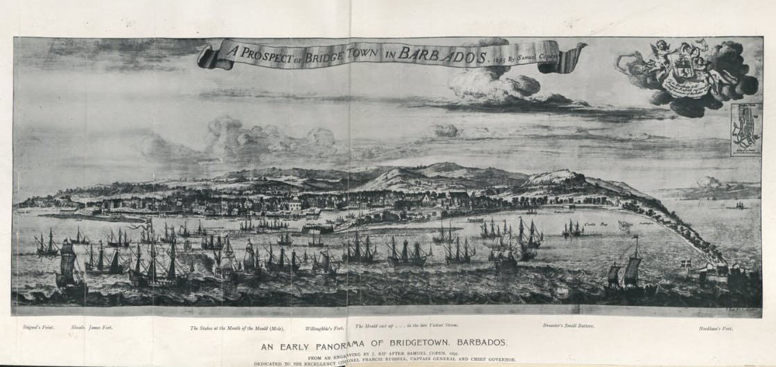 An early panorama of Bridgetown, Barbados, 1695. From an engraving by J. Kip after Samuel Copen, and published by The National Archives.