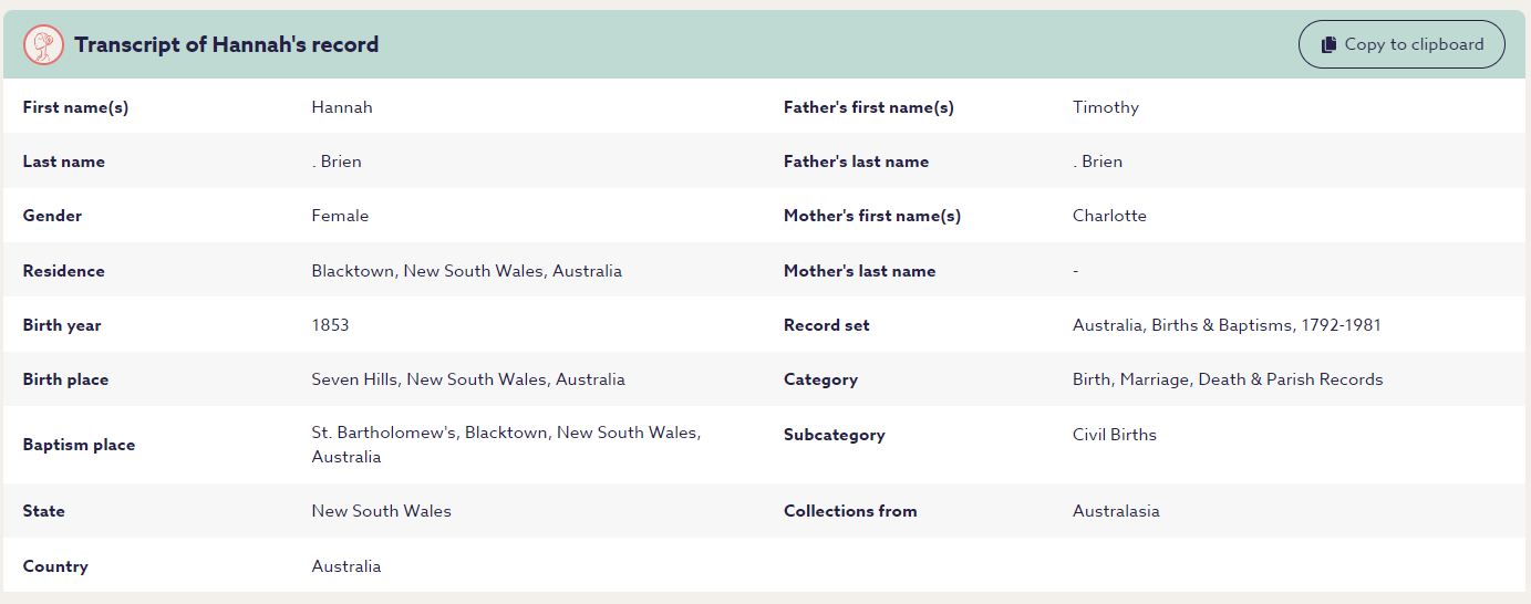 a record from australia births and baptisms