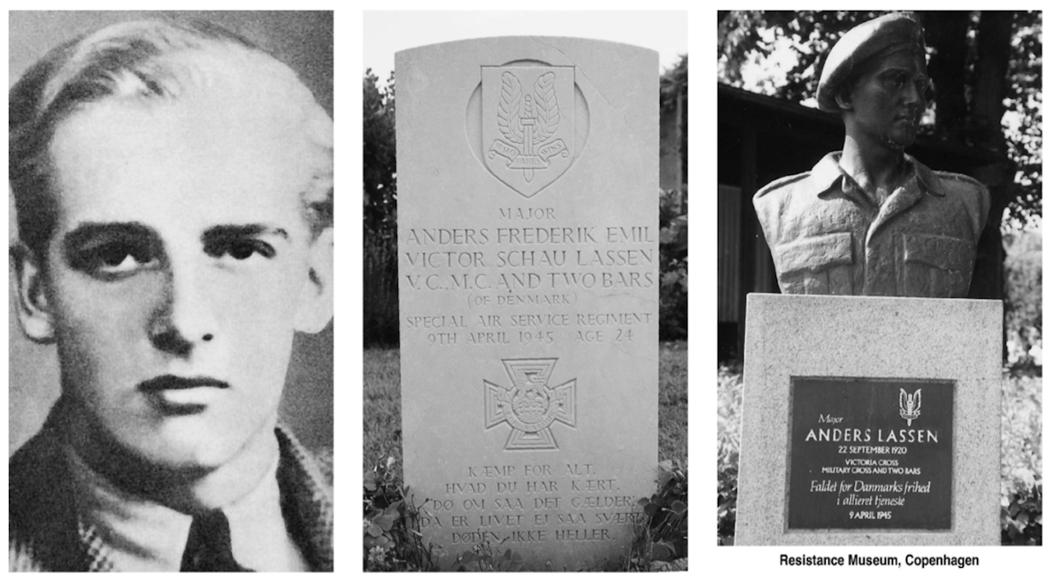 Anders Lassen in Victoria Cross Recipients, which shows a photograph, his headstone, and a memorial.