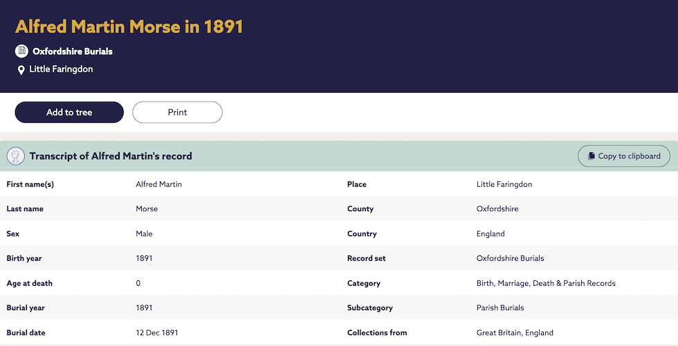 Burial record of Alfred Martin Morse