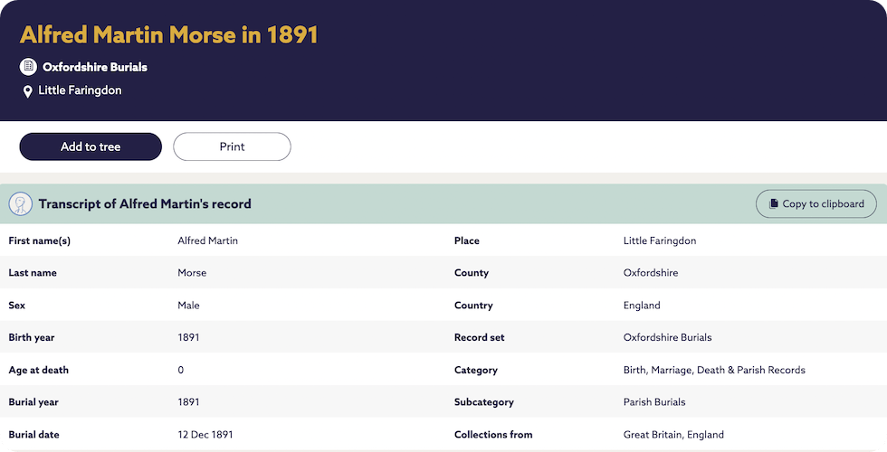 Burial record of Alfred Martin Morse