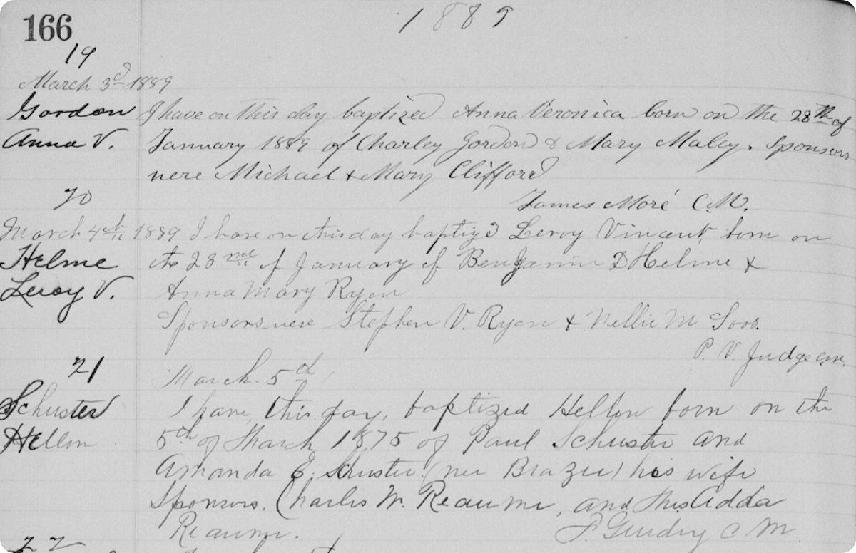 A Roman Catholic baptism record from Chicago, 1889.