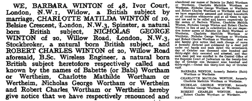 This London Gazette record shows Nicholas and his family changing their surname.