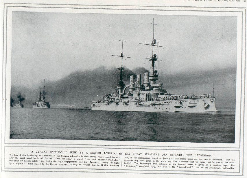 'A German battleship sunk by a British torpedo in the great sea-fight of Jutland', featured in the Illustrated War News, 1916.