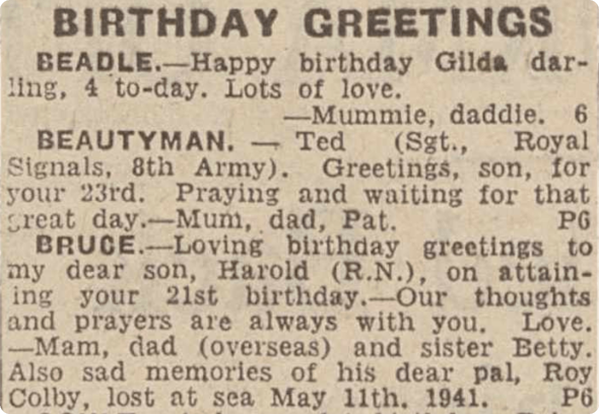 A snippet from the birthday greetings, from 1944