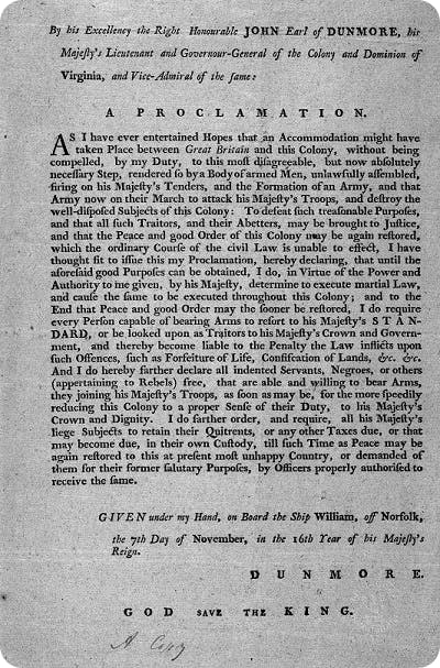 John Earl of Dunmore martial law proclamation, 1775.