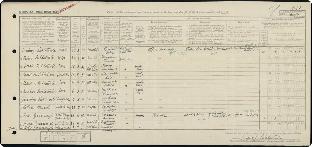 Shapuri Saklatvala's 1921 Census return. View this record here.