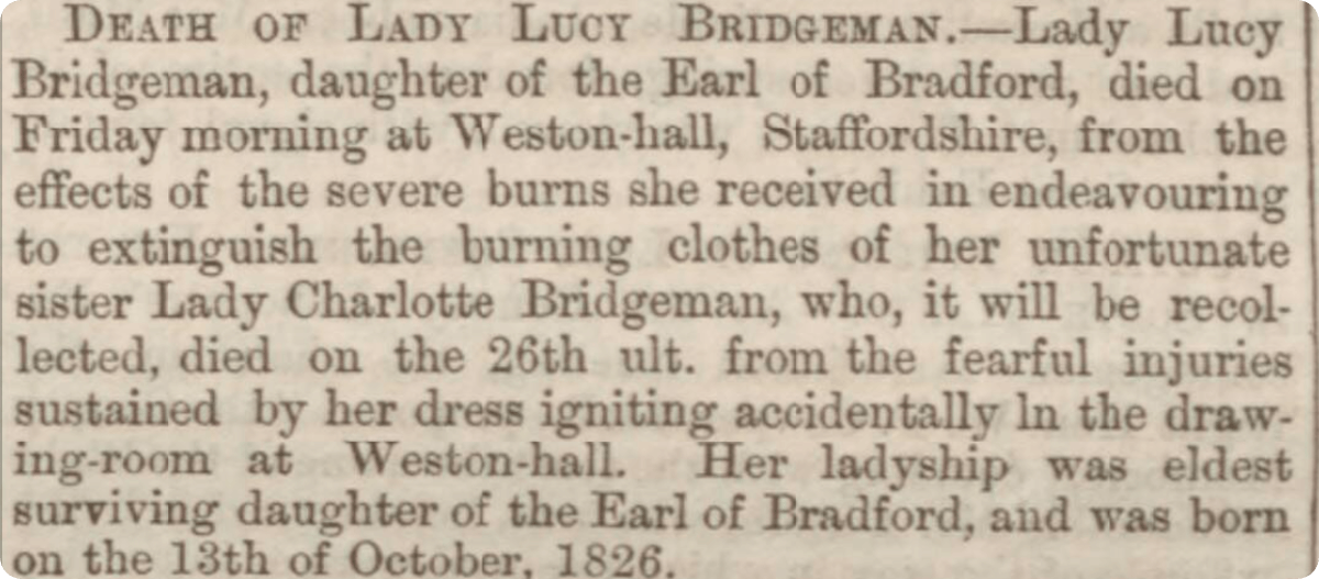 Death announcement of Charlotte and Lucy Bridgeman in the newspapers