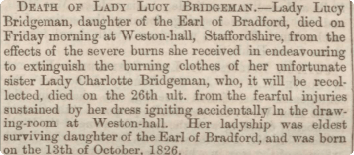 Death announcement of Charlotte and Lucy Bridgeman in the newspapers