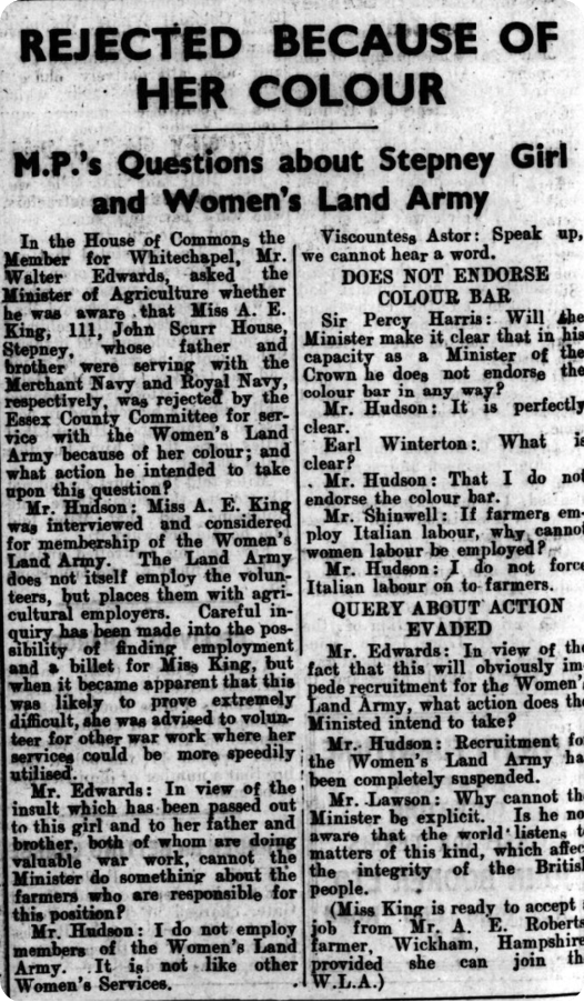 A newspaper clipping reporting Amelia King being mentioned in the House of Commons