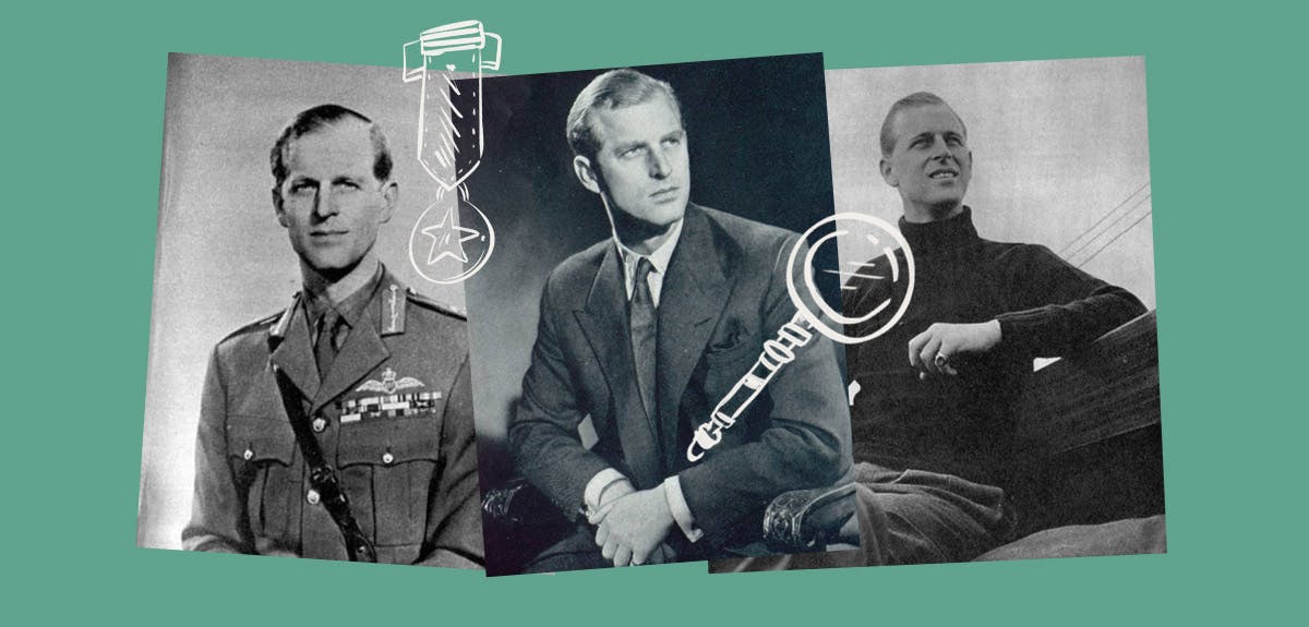A photo collage of a young Prince Phillip